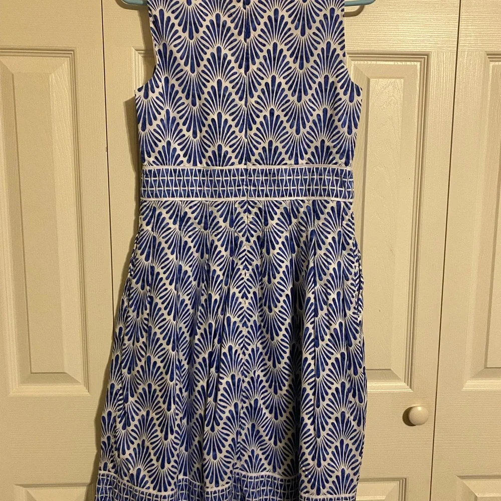 Coastal Blue and White Brushstrokes Fit-and-Flare Women’s Dress With Pockets - Picture 3 of 3
